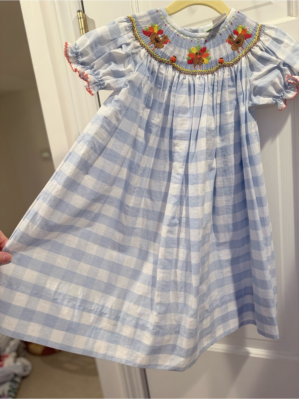 Smocked Thanksgiving Light Blue Gingham Girls' Dress 2T / holiday - Picture 4 of 6